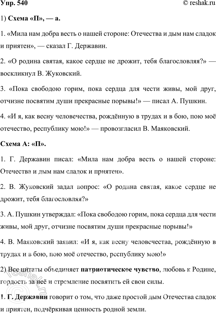 Решение задачи: 540. Составьте предложения с прямой речью, используя следующие цитаты, по схемам: «П», — а. А: «П». 1. Мила нам добра весть о нашей стороне: