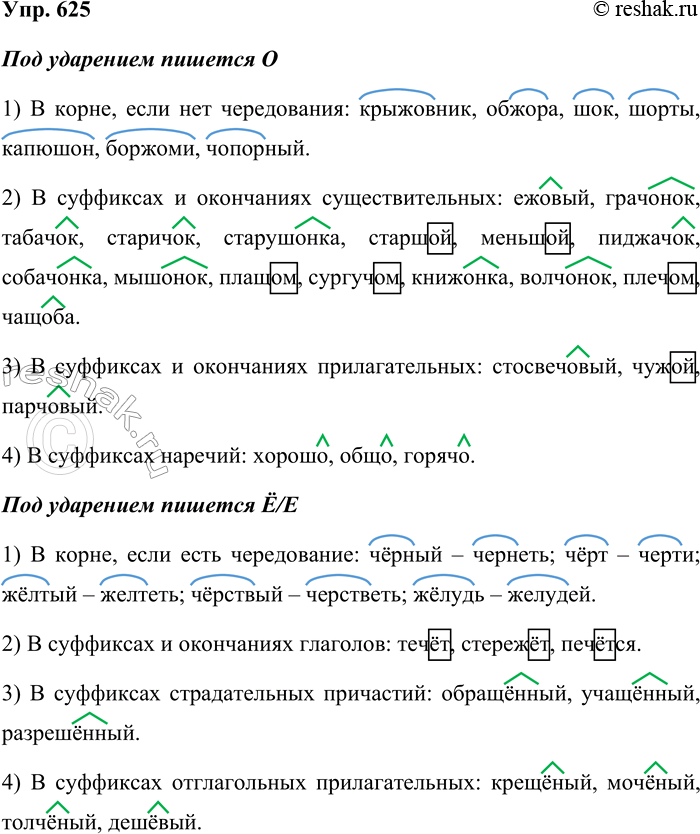 Решение задачи: 625. Распределите данные ниже слова по рубрикам. После шипящих под ударением пишется о 1. В корне, если нет чередования с е: