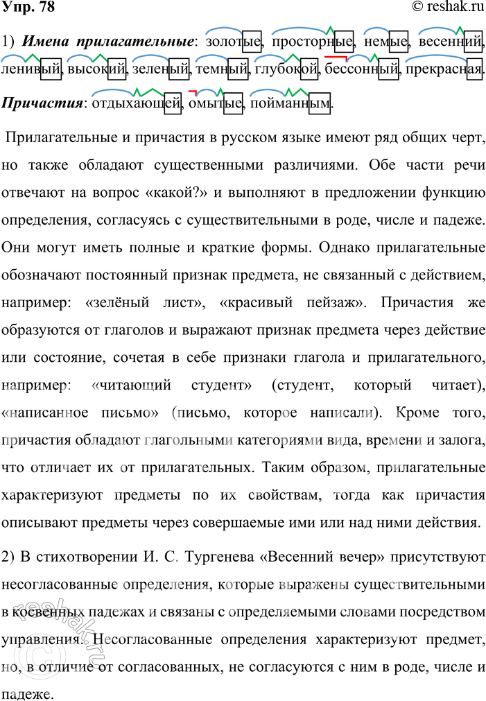 Решение задачи: 78. Прочитайте стихотворение И. С. Тургенева «Весенний вечер». Гуляют тучи золотые Над отдыхающей землёй; Поля просторные, немые Блестят, омытые росой; Ручей журчит во мгле долины, Вдали гремит весенний гром, Ленивый ветр в листах осины Трепещет пойманным крылом.