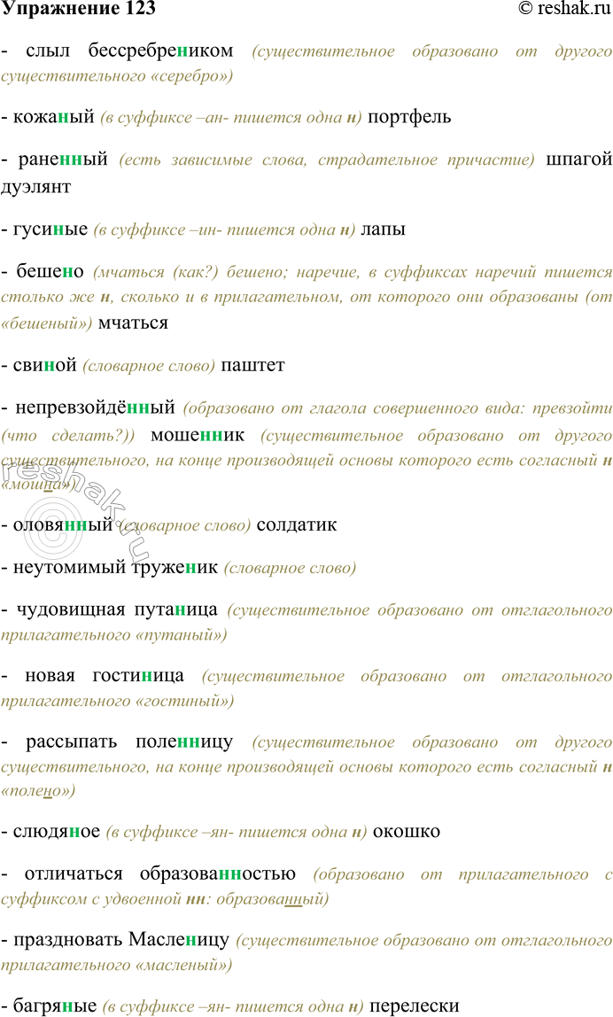 Решение задачи: 123. Спишите, выбирая одну или две буквы н в суффиксах слов разных частей речи. Слыл бессребре(н,нн)иком, кожа(н,нн)ый портфель, ране(н,нн)ый шпагой дуэлянт, гуси(н,нн)ые лапы, беше(н,нн)о мчаться, сви(н,нн)ой паштет, непревзойдё(н,нн)ый моше(н,нн)ик, оловя(н,нн)ый солдатик, неутомимый труже(н,нн)ик, чудовищная пута(н,нн)ица, новая гости(н,нн)и-ца, рассыпать поле(н,нн)ицу, слюдя(н,нн)ое окошко, отличаться обра-зова(н,нн)остью, праздновать Масле(н,нн)ицу, багря(н,нн)ые перелески, каме(н,нн)ый особняк, немудрё(н,нн)ый скарб, ю(н,нн)ый музыкант, стари(н,нн)ые рукописи, явно щипа(н,нн)ые брови, непроше(н,нн)ые визитёры, коше(н,нн)ые травы, отвечал рассея(н,нн)о, подстриже(н,нн)ая чёлка, несказа(н,нн)ое слово, златотка(н,нн)ая парча, почти нестира-(н,нн)ое бельё, чека(н,нн)ый шаг, прида(н,нн)ое невесты, принять дела(н,нн)ый вид, нехоже(н,нн)ые тропинки, мощё(н,нн)ая брусчаткой площадь, его лицо взволнова(н,нн)о, некорчёва(н,нн)ый участок, участники соревнований сдержа(н,нн)ы и организова(н,нн)ы, роскошная гости(н,нн)ая, белё(н,нн)ые известью мазанки, соломе(н,нн)ая крыша, кова(н,нн)ый сундук, абсолютно неезже(н,нн)ая дорога, назва(н,нн)ый брат, балова(н,нн)ый ребёнок, купле(н,нн)ый товар, пута(н,нн)о отвечал, незва(н,нн)ый гость, линова(н,нн)ая бумага, клюкве(н,нн)ый кисель, продукты расфасова(н,нн)ы, жёва(н,нн)ый щенком ботинок, марино-ва(н,нн)ые помидоры, лекцио(н,нн)ые занятия, дети невоспита(н,нн)ы и избалова(н,нн)ы, жела(н,нн)ая встреча, свежезамороже(н,нн)ые продукты, газирова(н,нн)ый напиток, писа(н,нн)ые акварелью пейзажи, ветре(н,нн)ый день, тиснё(н,нн)ая золотом обложка книги, таможе(н,нн)ая декларация, жаре(н,нн)ая говяди(н,нн)а, гладкокраше(н,нн)ые ткани.
