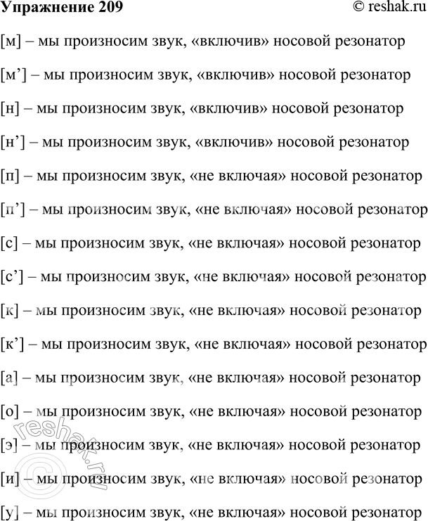 Решение задачи: 209. Произнесите вслух звуки. Какие из них вы произносили, «включив»* носовой резонатор? [М] [М-] [н] [Н-] [П] [пtask] [с] [с’] [к] [к’] [а] [о] [э] [и] [у] [м] – мы произносим звук, «включив» носовой резонатор [м’] – мы произносим звук, «включив» носовой резонатор [н] – мы произносим звук, «включив» носовой резонатор [н’] – мы произносим звук, «включив» носовой резонатор [п] – мы произносим звук, «не включая» носовой резонатор [п’] – мы произносим звук, «не включая» носовой резонатор [с] – мы произносим звук, «не включая» носовой резонатор [с’] – мы произносим звук, «не включая» носовой резонатор [к] – мы произносим звук, «не включая» носовой резонатор [к’] – мы произносим звук, «не включая» носовой резонатор [а] – мы произносим звук, «не включая» носовой резонатор [о] – мы произносим звук, «не включая» носовой резонатор [э] – мы произносим звук, «не включая» носовой резонатор [и] – мы произносим звук, «не включая» носовой резонатор [у] – мы произносим звук, «не включая» носовой резонатор *Цитирирование задания со ссылкой на учебник производится исключительно в учебных целях для лучшего понимания разбора решения задания.