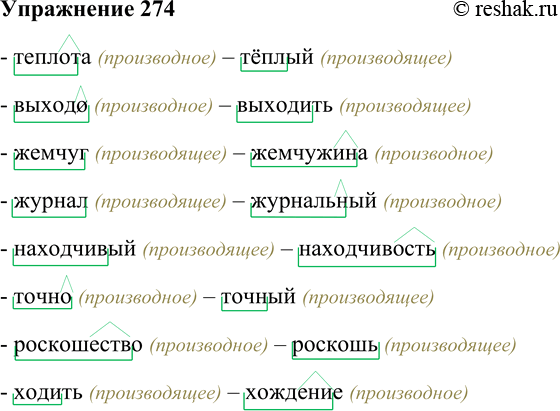 Решение задачи: 274. В данных парах слов определите, какое из слов производящее (то есть образует новое слово), а какое производное (то есть образовано от данного слова).