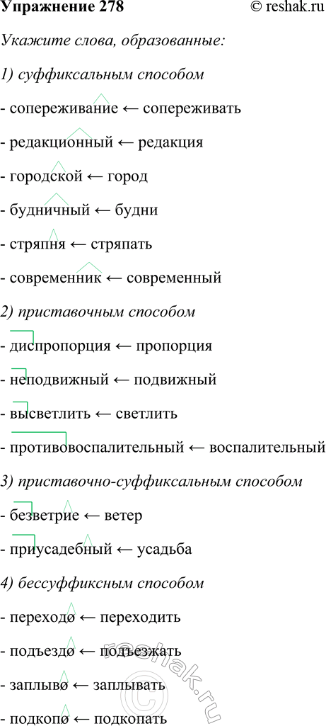 Решение задачи: 278. Укажите слова, образованные: 1) суффиксальным способом; 2) приставочным способом; 3) приставочно-суффиксальным способом; 4) бессуффиксным способом. Редакционный, сопереживание, безветрие, переход, приусадебный, противовоспалительный, городской, подъезд, современник, заплыв, диспропорция, будничный, подкоп, неподвижный, высветлить, стряпня.