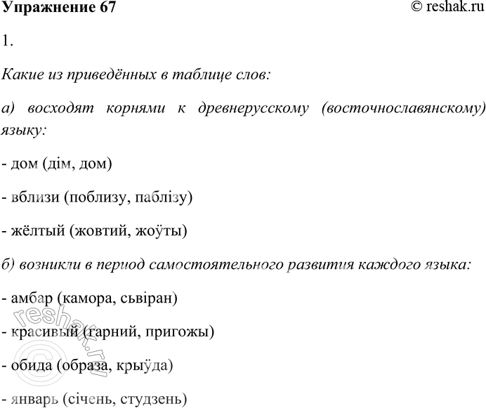 Решение задачи: 67. Изучите таблицу. Русский язык дом вблизи жёлтый амбар красивый обида январь Украинский язык дiм поблизу жовтий камора гарпий образа ачень Белорусский язык дом пабл1зу жо^пгы сынран нригожы крыуда стуцзень 1.