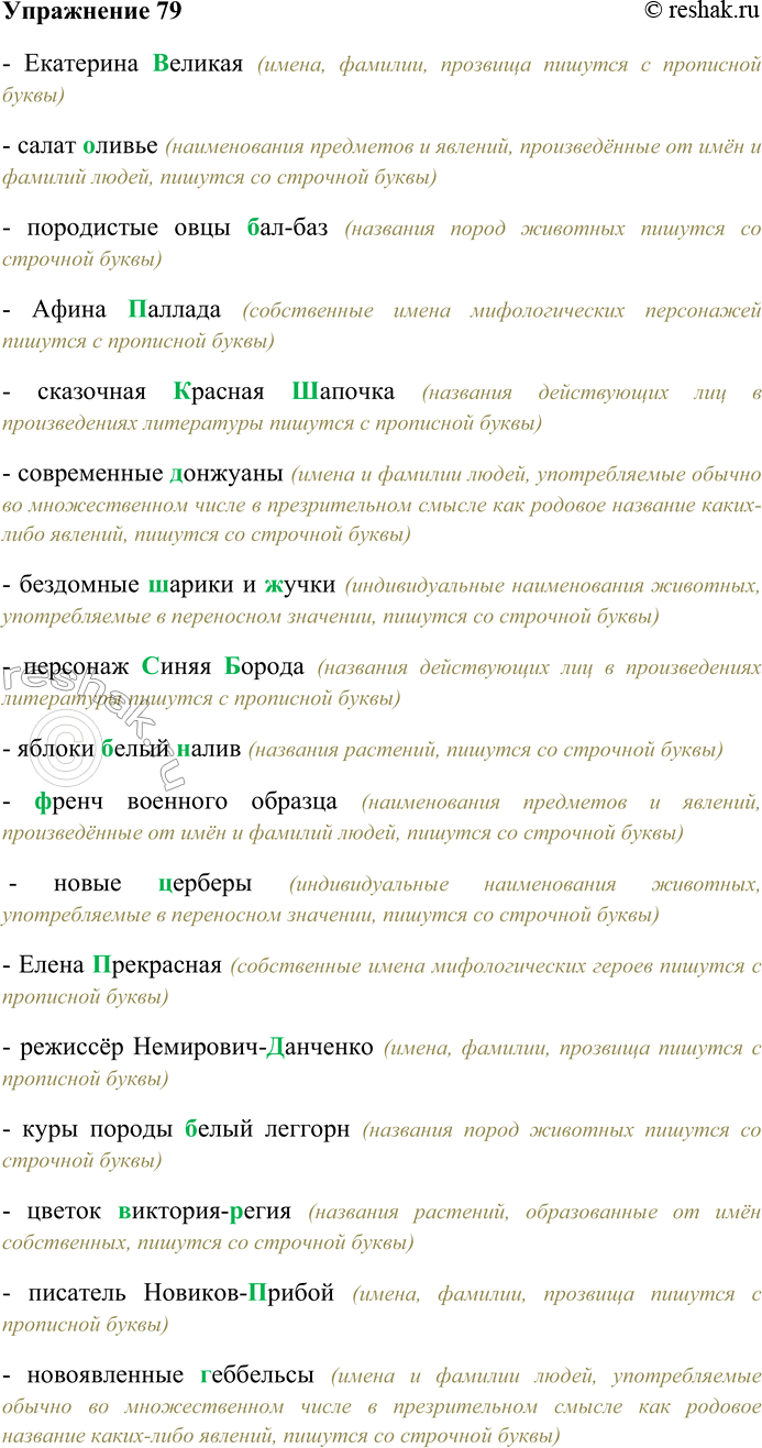 Решение задачи: 79. Спишите, выбирая прописную или строчную букву. Екатерина (В.в)еликая; салат (О.о)ливье; породистые овцы (Б.б)ал-баз; Афина (П,п)аллада; сказочная (К,к)расная (Ш,ш)апочка; современные (Д.д)онжуаны;