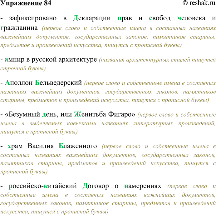 Решение задачи: 84. Спишите, выбирая прописную или строчную букву. Зафиксировано в (Д,д)екларации (П,п)рав и (С,с)вобод (Ч,человека и (Г,Гражданина; (А.а)мпир в русской архитектуре; (А.а)поллон (Б.б)ельведерский;