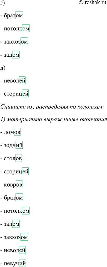 Решение задачи: 271. Укажите, какие из данных слов имеют одинаковые окончания. Спишите их, распределяя по колонкам: 1) материально выраженные окончания; 2) нулевые окончания.