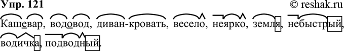 Решение задачи: 121 Образуйте слова по следующим схемам: Кашевар, водовод, диван-кровать, весело, неярко, земля, небыстрый, водичка, подводный. *Цитирирование задания со ссылкой на учебник производится исключительно в учебных целях для лучшего понимания разбора решения задания.