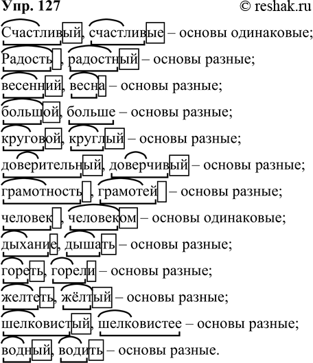 Решение задачи: 127 Запишите слова, вставляя пропущенные буквы, выделите в них основы и окончания. Определите, где основы разные, а где одинаковые. Обозначьте корень.