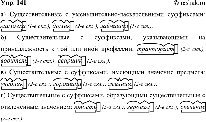 Решение задачи: 141 Запишите по 2—3 существительных с суффиксами: а) уменьшительно-ласкательными; б) указывающими на лицо и принадлежность к той или иной профессии; в) имеющими значение предмета;