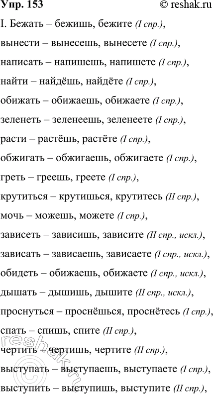 Решение задачи: 153 I. Определите спряжение глаголов. Образуйте формы 2-го л. ед. и мн. ч. Бежать, вынести, написать, найти, обижать, зеленеть, расти, обжигать, греть, крутиться, мочь, зависеть, зависать, обидеть, дышать, проснуться, спать, чертить, выступать, выступить, накопить, обещать, кричать, крикнуть, узнать, знакомиться, рассмешить, смеяться.