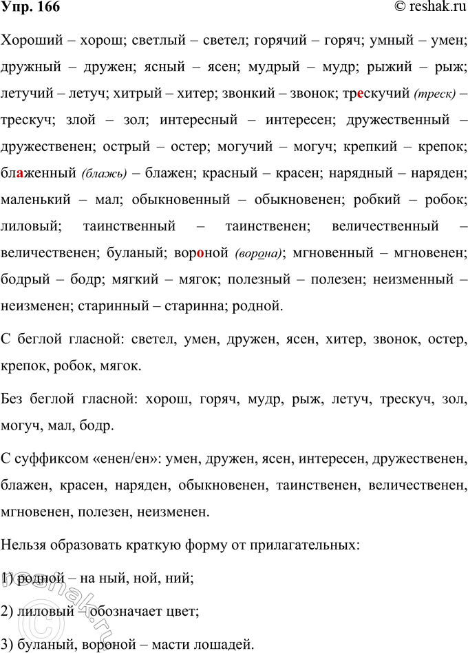 Решение задачи: 166 Образуйте от указанных прилагательных краткую форму. Сгруппируйте прилагательные по способу образования краткой формы. Сделайте вывод: от всех ли прилагательных можно образовать краткую форму?