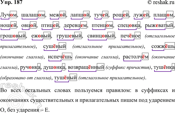 Решение задачи: 187 Обозначьте основу и окончание в данных словах. Объясните орфограммы. Луч..м, шалаш..м, меж..й, ланш..й, туч..й, рощ..й, луж..й, плащ..м, нош..й, овц..й, нтиц..й, деревц..м, птенц..м, снец..вка, рыж..ватый, грош..вый, еж..вый, груш..вый, свинц..вый, печ..-ное (яблоко), суш..ный, сожж..шь, исиеч..шь, раст..лч..м (в ступе), руч..нка, душ..нка, возвращ..нный, туш..нка, туш..ный.