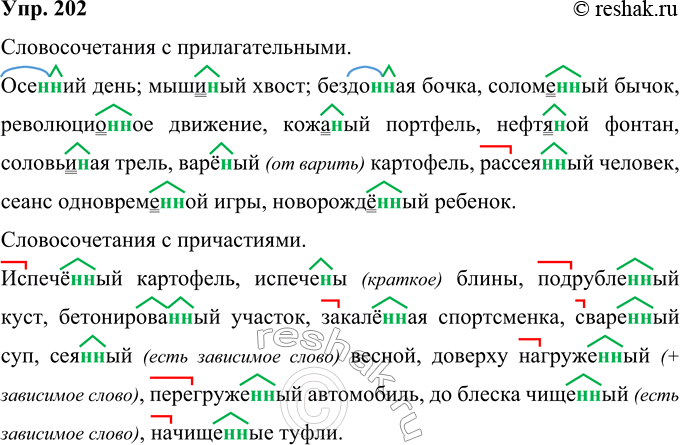 Решение задачи: 202 Запишите сначала словосочетания с прилагательными, затем — с причастиями. Объясните написание н и нн. Испечё(н, нн)ый картофель, испече(н, нн)ы блины, осе(н, нн)ий день, подрубле(н, нн)ый куст, мыши(н, нн)ый хвост, бетонирова(н, нн)ый участок, бездо( н, нн)ая бочка, соломе(н, нн)ый бычок, революцио(н, нн)ое движение, закалё(н, нн)ая спортсменка, кож..(н, нн)ый портфель, нефт..(н, нн)ой фонтан, соловьи(н, нн)ая трель, варё(н, нн)ый картофель, сва-ре(н, нн)ый суп, рассея(н, нн)ый человек, се..(н, нн)ый весной, сеанс одновреме(н, нн)ой игры, новорождё(н, нн)ый ребёнок, доверху нагруже(н, нн)ый, перегружен, нн)ый автомобиль, до блеска чищ..(н, нн)ый, давно не чищ..(н, нн)ый, начищ..(н, нн)ые туфли.