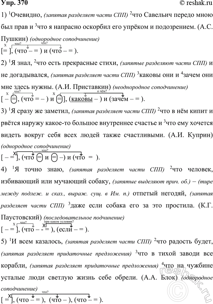 Решение задачи: 370 Запишите предложения, расставляя недостающие знаки препинания. Определите вид и способ связи придаточных в сложноподчинённом предложении. Начертите схемы предложений. 1) Очевидно что Савельич передо мною был нрав и что я напрасно оскорбил его упрёком и подозрением.