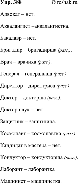 Решение задачи: 388 Подберите к существительным мужского рода существительные женского рода. Определите стилистические и семантические различия между ними. Отметьте случаи отсутствия родовых пар.