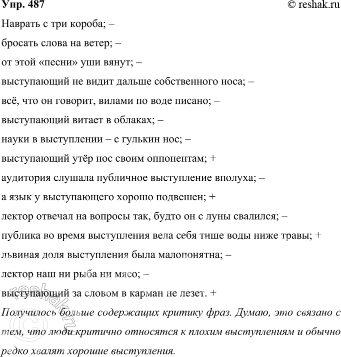 Решение задачи: 487 Выберите из списка фразеологизмы, предложения, их включающие, которые наиболее точно могут характеризовать как удачную публичную речь (поставьте знак «+»), так и неудачную (поставьте знак «—»).