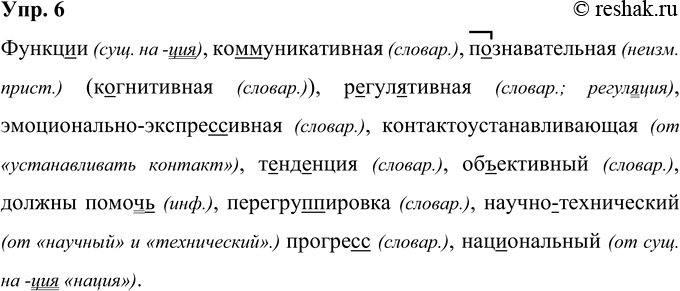 Решение задачи: 6 Функц..и, ко(м, мм)уникативная, познавательная (к..гнитивная), р..гул..тивная, (эмоционально)экснре(с, сс)ив-ная, (контакто)устанавливающая, т..нд..нция, об(?)ективный, должны помоч(?), перегру(п, нн)ировка, (научно)гехнический прогре(с, сс), нац..ональнь1Й. Функции (сущ.