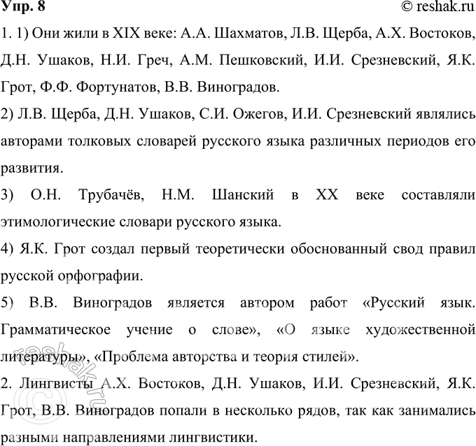 Решение задачи: 8 Перед вами список имён русских лингвистов. А. А. Шахматов, Л. В. Щерба, А. X. Востоков, Д. Н. Ушаков, Н. И.