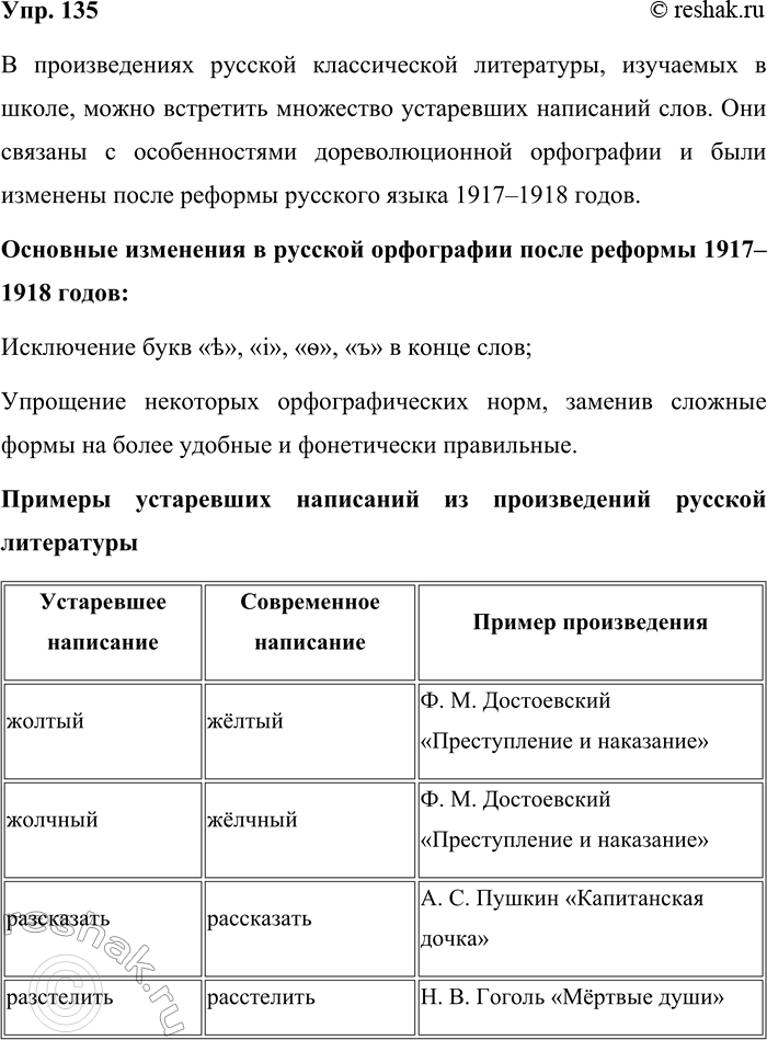 Решение задачи: 135. В прижизненных изданиях романа Ф. М. Достоевского «Преступление и наказание» можно увидеть написания жолтый и жолчный. Исследователи отмечают, что такое написание выглядит грубее и выразительнее, подчёркивает то особенное значение, которое автор вложил в эти слова.