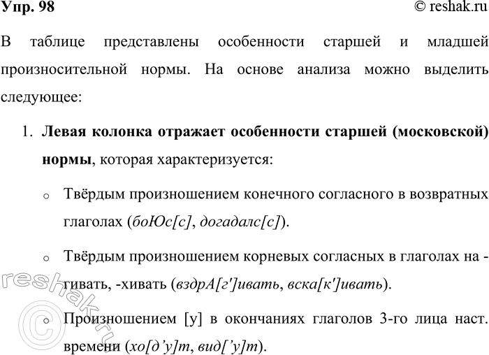 Решение задачи: 98. Изучите таблицу. Определите, в какой колонке представлены особенности старшей произносительной нормы (старое московское произношение), а в какой — младшей произносительной нормы.