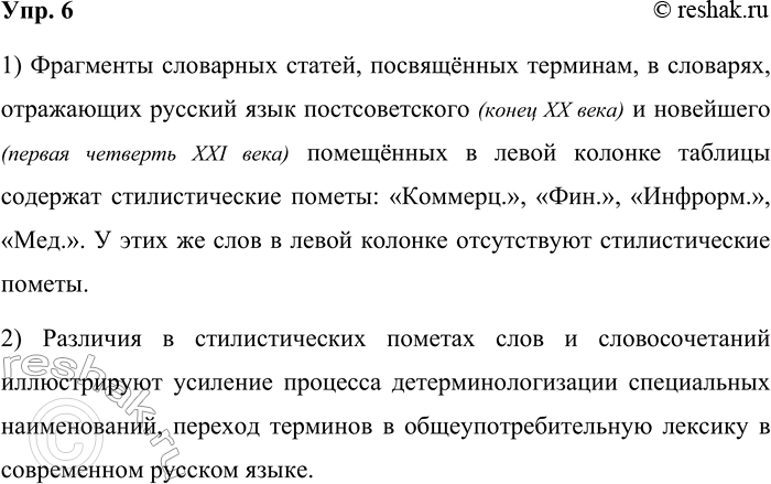 Решение задачи: 6. 1) Сравните фрагменты словарных статей, посвящённых терминам, в словарях, отражающих русский язык постсоветского (конец XX века) и новейшего (первая четверть XXI века) времени.