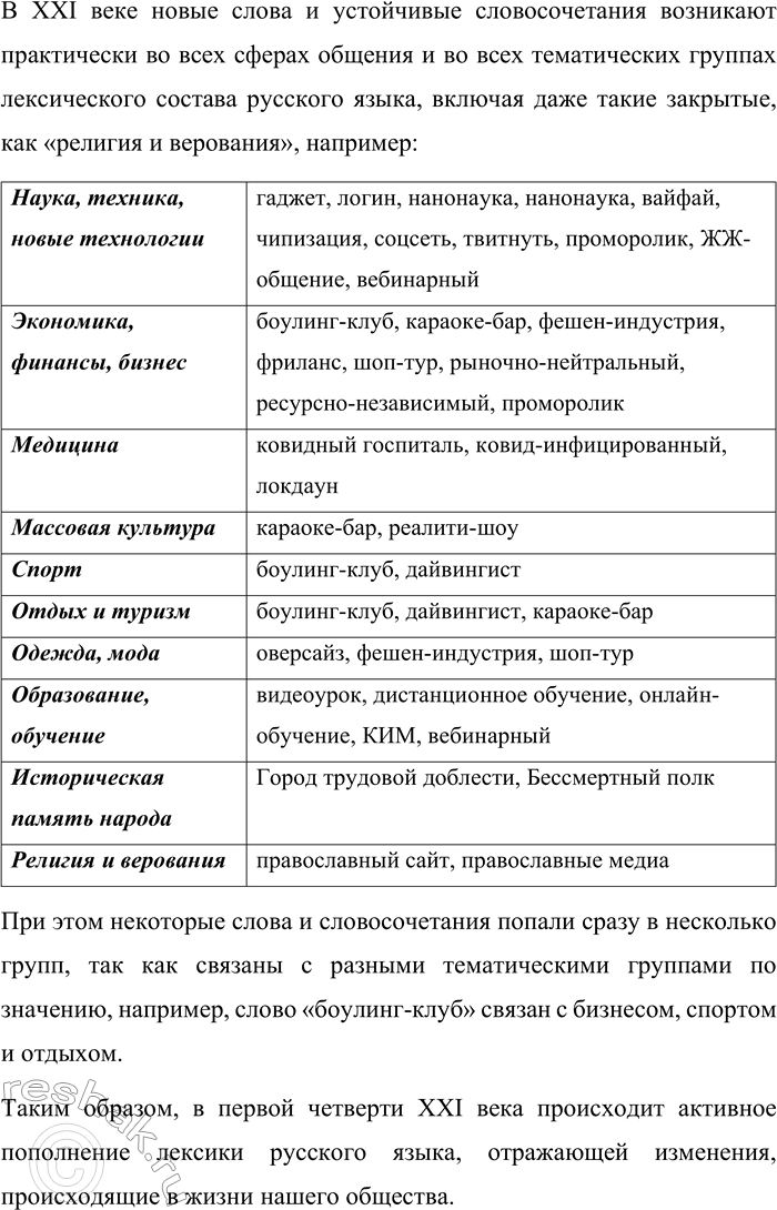 Решение задачи: 38. Используя материалы параграфа, расскажите об активных процессах в развитии лексики и фразеологии русского языка в первой четверти XXI века. Приведите конкретные примеры расширения словарного состава русского языка за счёт заимствований и новообразований и прокомментируйте эти примеры.