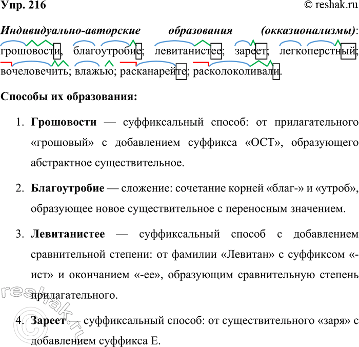Решение задачи: 216. Найдите в предложениях окказионализмы (индивидуально-авторские образования). Определите способ их образования. Обозначьте в этих словах морфемы. 1. Книжную выручку ввиду её грошоватости не бери, а оставляй в кассе.