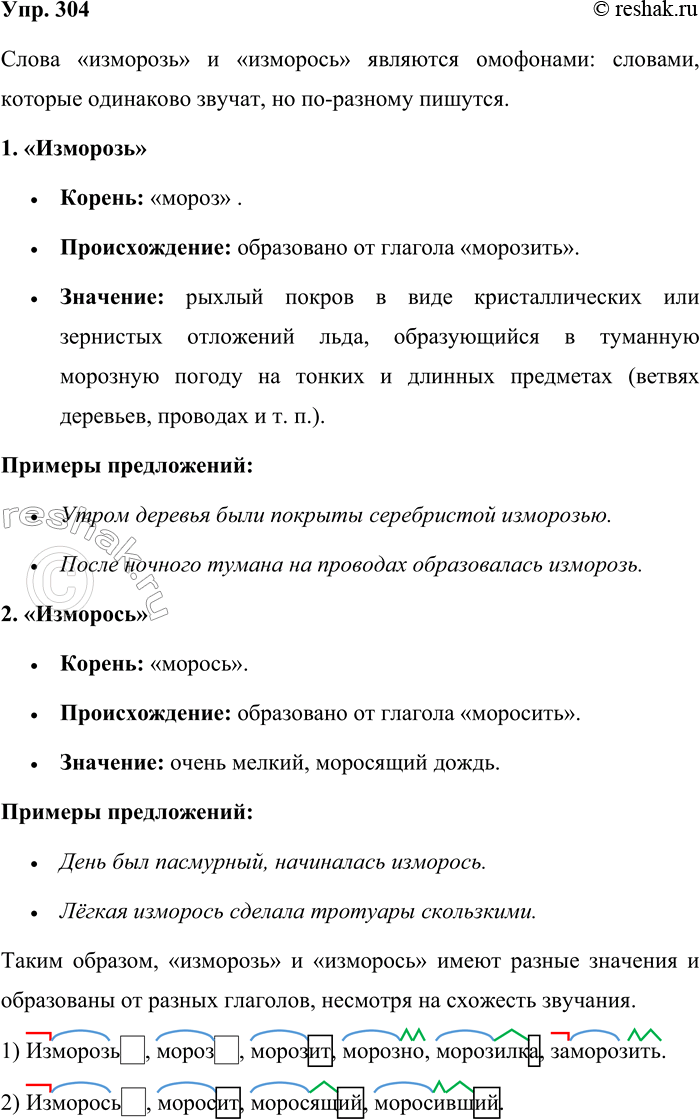 Решение задачи: 304. В какие группы родственных слов входят слова изморозь и изморось! Запишите эти слова в две группы и обозначьте их морфемный состав.