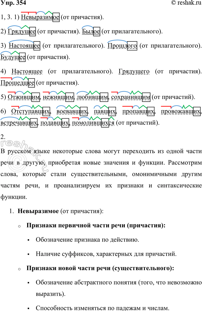 Решение задачи: 354. Найдите в предложениях слова, «изменившие своей части речи». От какой части речи образованы эти функциональные омонимы? 1. Невыразимое подвластно ль выраженью?