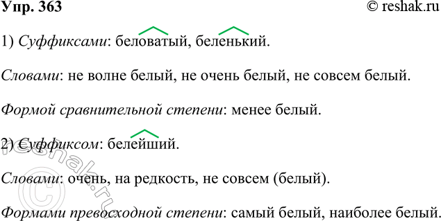 Решение задачи: 363. Какими средствами можно выразить разную степень качественного признака прилагательного белым? 1. Меньшую степень качественного признака прилагательного белый можно выразить следующими средствами: