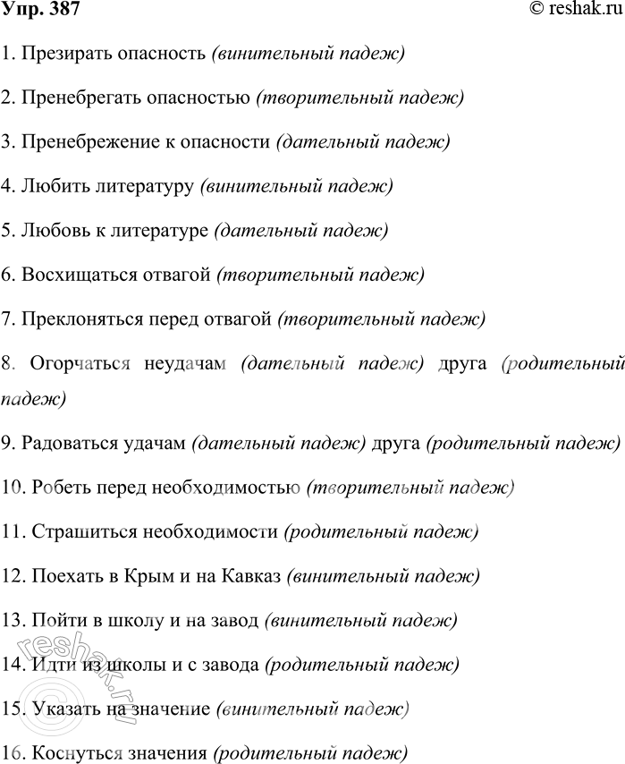 Решение задачи: 387. Спишите словосочетания и обозначьте падеж зависимых слов. Презирать опасность, пренебрегать опасностью, пренебрежение к опасности; любить литературу, любовь к литературе; восхищаться отвагой, преклоняться перед отвагой;
