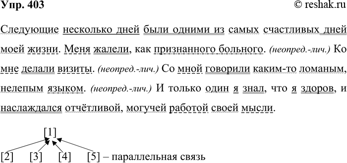 Решение задачи: 403. Спишите текст. Следующие несколько дней были одними из самых счастливых дней моей жизни. Меня жалели, как признанного больного. Ко мне делали визиты.