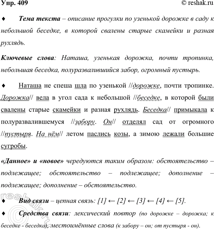 Решение задачи: 409. Прочитайте текст. Наташа не спеша шла по узенькой дорожке, почти тропинке. Дорожка вела в угол сада к небольшой беседке, в которой были свалены старые скамейки и разная рухлядь.