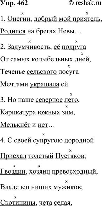 Решение задачи: 462. Спишите стихотворные строки из романа А. С. Пушкина «Евгений Онегин», расставляя недостающие знаки препинания. 1. Онегин добрый мой приятель Родился на брегах Невы...
