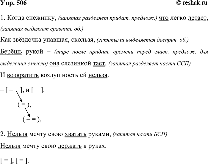 Решение задачи: 506. Запишите поэтические строки М. И. Цветаевой под диктовку. 1. Когда снежинку, что легко летает, Как звёздочка упавшая, скользя, Берёшь рукой — она слезинкой тает, И возвратить воздушность ей нельзя.