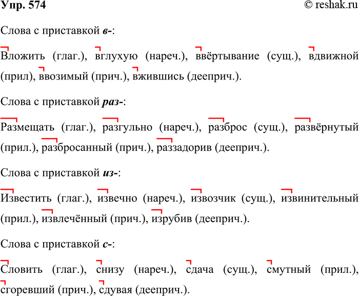 Решение задачи: 574. С приставками в-, раз-, из-, с- запишите слова разных частей речи. Образец. За-: заслонить (глаг.), Засветло (нареч.), Заморыш (суш.), застойный (прил.), заинтересованный (прич.), забежав (дееприч.).