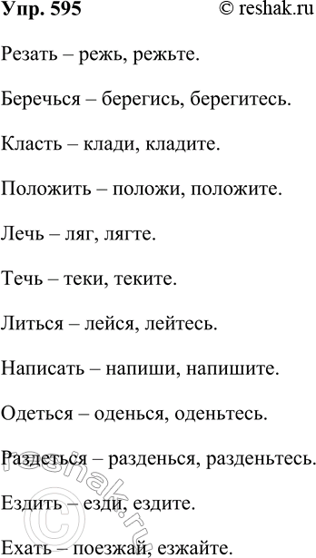 Решение задачи: 595. Образуйте и запишите формы единственного и множественного числа повелительного наклонения от глаголов. Образец. Прийти — приди, придите. Резать, беречься, класть, положить, лечь, течь, литься, написать, одеться, раздеться, ездить, ехать.