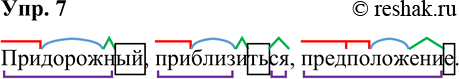Решение задачи: 7. Произведите морфемный разбор слов. Придорожный, приблизиться, предположение. *Цитирирование задания со ссылкой на учебник производится исключительно в учебных целях для лучшего понимания разбора решения задания.
