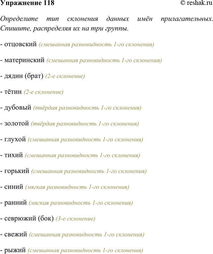Решение задачи: 118. Определите тип склонения данных имён прилагательных. Спишите, распределяя их на три группы. Просклоняйте письменно выделенные имена прилагательные. Отцовский, материнский, дядин (брат), тётин, дубовый, золотой, глухой, тихий, горький, синий, ранний, севрюжий (бок), свежий, рыжий, соболий, заячий, лебяжий, рыбий, дремучий (бор), весенний, пахучий, разбойничий.