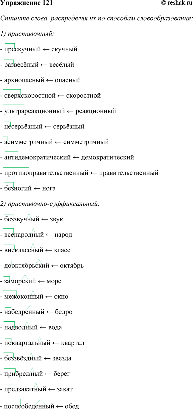 Решение задачи: 121. Спишите слова, распределяя их по способам словообразования: 1) приставочный; 2) приставочно-суффиксальный. Беззвучный, прескучный, всенародный, внеклассный, развесёлый, дооктябрьский, заморский, архиопасный, межоконный, сверхскоростной, набедренный, ультрареакционный, надводный, несерьёзный, поквартальный, беззвёздный, прибрежный, асимметричный, предзакатный, антидемократический, послеобеденный, противоправительственный, безногий.