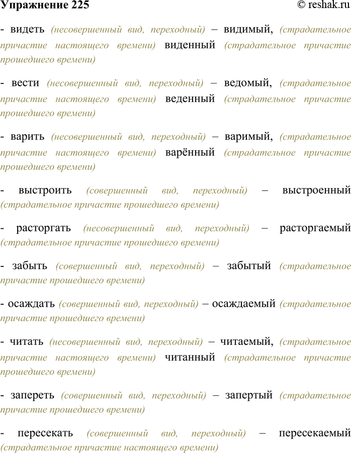 Решение задачи: 225. От данных глаголов образуйте страдательные причастия настоящего и прошедшего времени. От каких глаголов нельзя образовать указанные формы? Видеть, вести, варить, выстроить, расторгать, забыть, осаждать, читать, запереть, пересекать, пересечь, умыть, спеть, хранить, сшить, растворить, носить, уточнить.