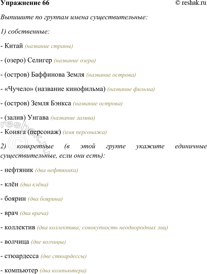 Решение задачи: 66. Выпишите по группам имена существительные: 1) собственные, 2) конкретные (в этой группе укажите единичные существительные, если они есть), 3) отвлечённые (абстрактные), 4) собирательные, 5) вещественные.