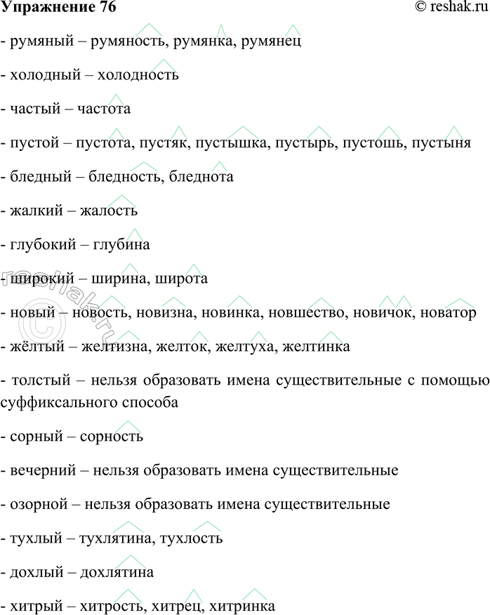 Решение задачи: 76. Образуйте от данных имён прилагательных существительные с помощью всех возможных суффиксов. Румяный, холодный, частый, пустой, бледный, жалкий, глубокий, широкий, новый, жёлтый, толстый, сорный, вечерний, озорной, тухлый, дохлый, хитрый.