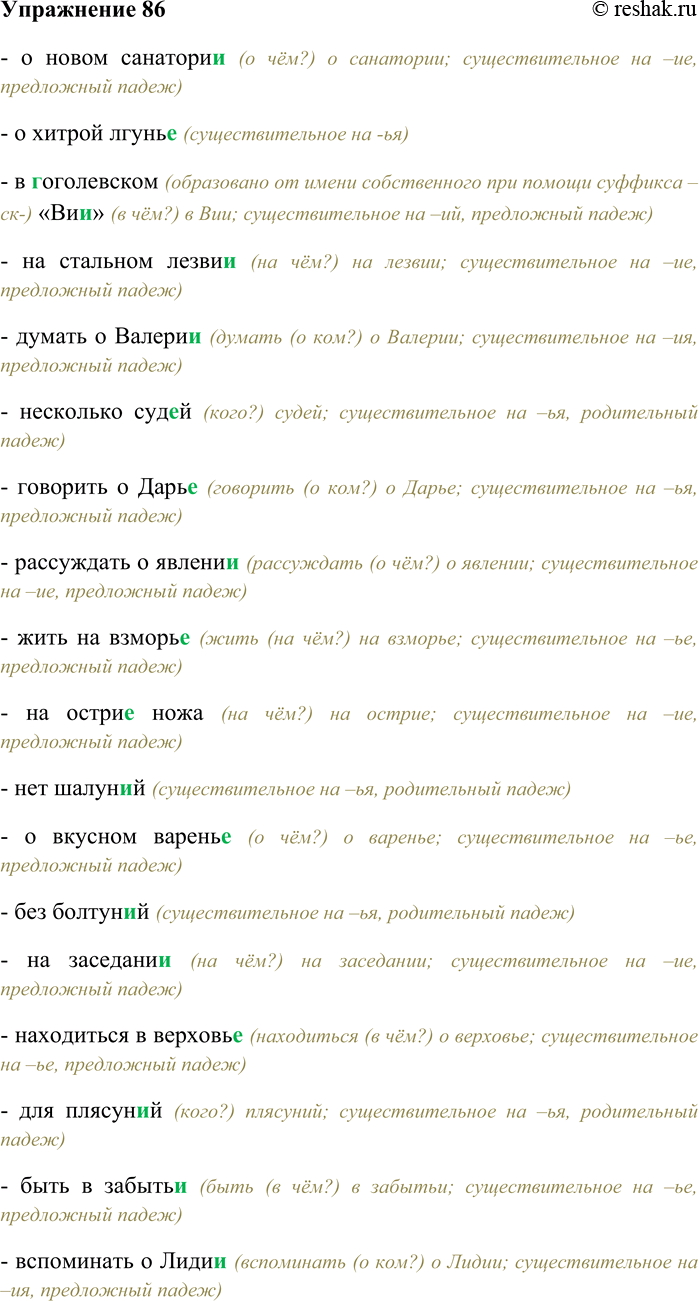 Решение задачи: 86. Спишите, вставляя правильные окончания имён существительных. О новом санатори...; о хитрой лгунь...; в (Г.г)оголевском «Ви...»; на стальном лезви...; думать о Валери...;