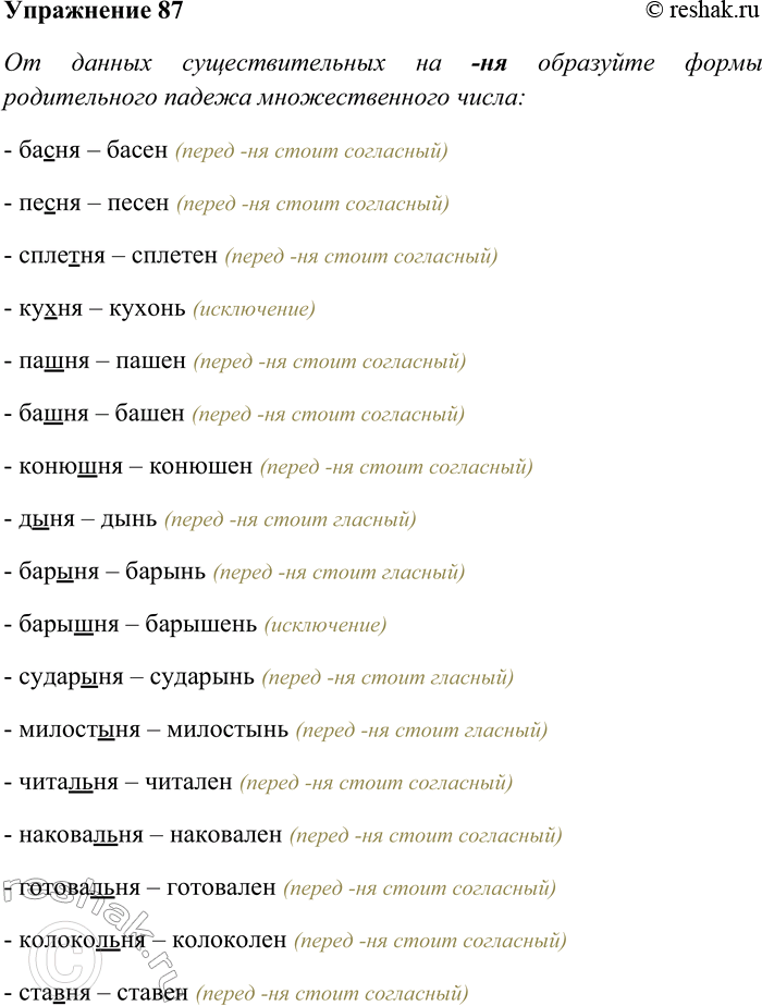 Решение задачи: 87. От данных существительных на -НЯ образуйте формы родительного падежа множественного числа; укажите, в каких случаях в названных формах пишется ь.