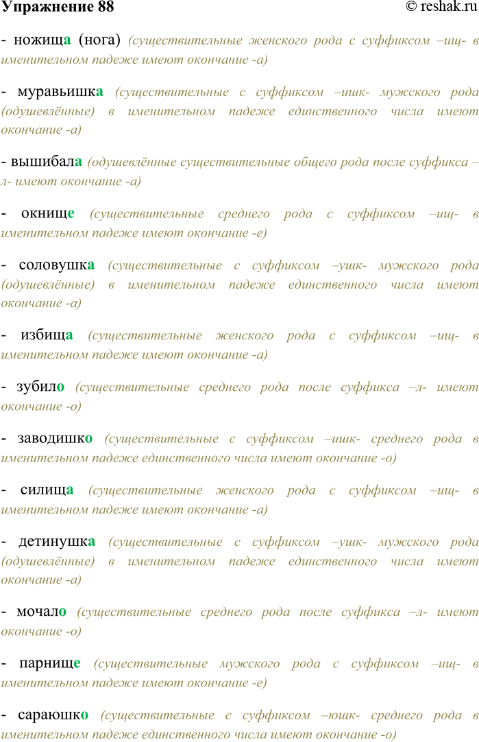 Решение задачи: 88. Спишите, вставляя правильные окончания имён существительных. Ножищ... (нога), муравьишк..., вышибал..., окнищ..., соловушк..., избищ..., зубил..., заводишк..., силищ..., детинушк..., мочал..., парнищ..., сараюшк..., носищ..., горюшк..., зазывал..., бородищ..., судё-нышк..., заводил..., холодищ..., скворушк..., скучищ..., городишк..., грузил..., ножищ...