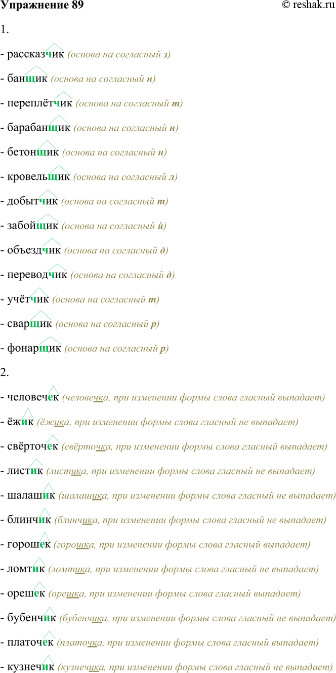 Решение задачи: 89. Спишите, вставляя пропущенные буквы. Выделите суффиксы имён существительных. 1. Рассказ...ик, бан...ик, переплёт...ик, барабан...ик, бетон...ик, кровель...ик, добыт...ик, забой...ик, объезд...ик, перевод...ик, учёт-...ик, свар...ик, фонар...ик.