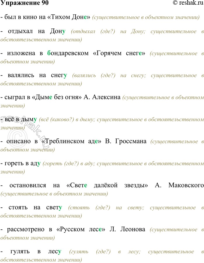 Решение задачи: 90. Спишите, вставляя правильные окончания имён существительных. Был в кино на «Тихом Дон...»; отдыхал на Дон...; изложена в (Б,б)он-даревском «Горячем снег...»;