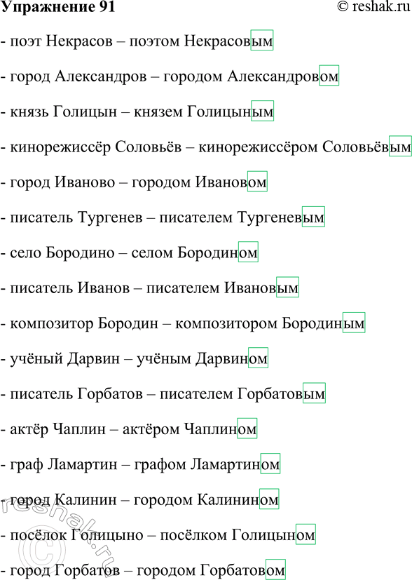 Решение задачи: 91. Образуйте форму творительного падежа данных имён существительных, графически обозначьте окончания. Поэт Некрасов, город Александров, князь Голицын, кинорежиссёр Соловьёв, город Иваново, писатель Тургенев, село Бородино, писатель Иванов, композитор Бородин, учёный Дарвин, писатель Горбатов, актёр Чаплин, граф Ламартин, город Калинин, посёлок Голицыно, город Горбатов.
